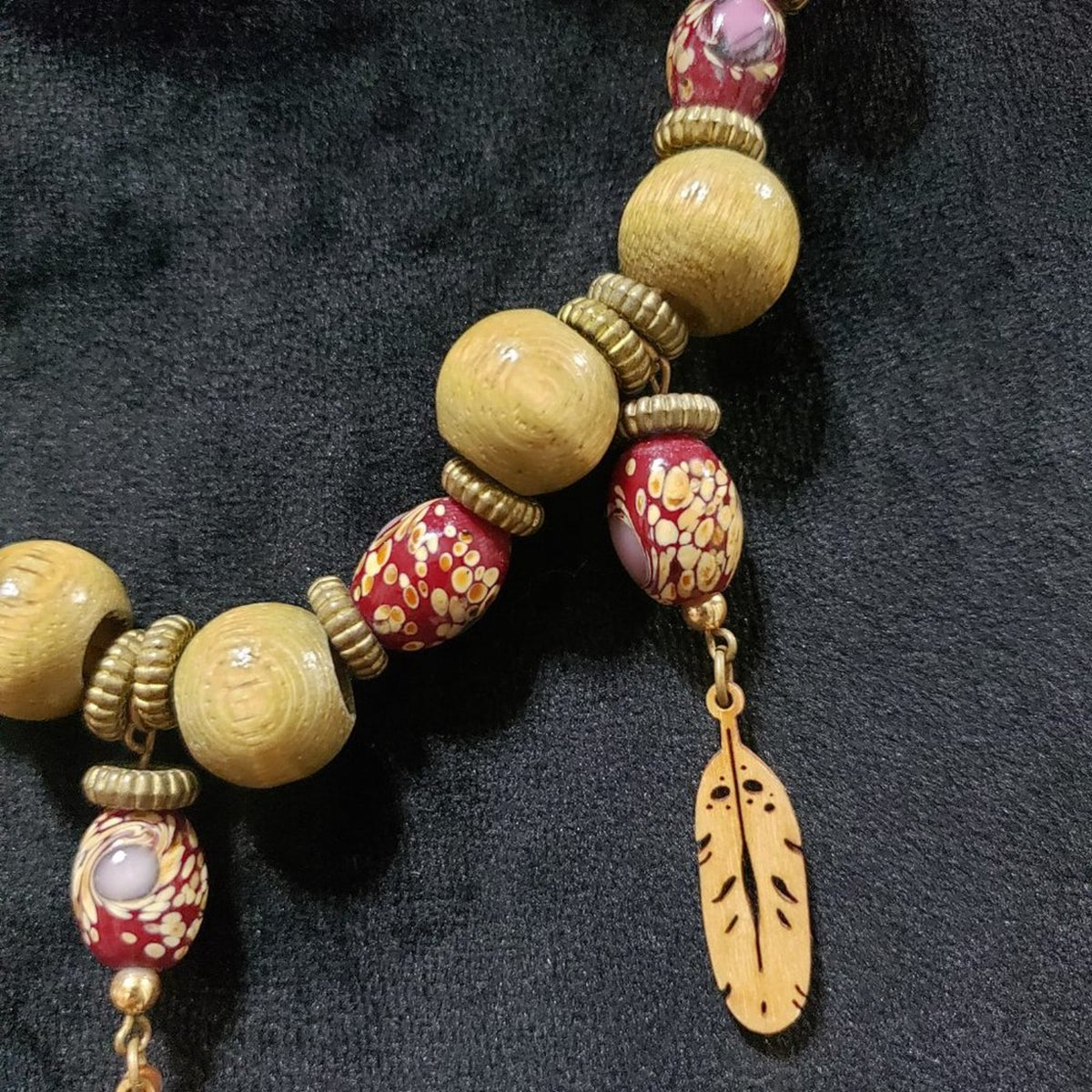 Womens Handcrafted Dark Brown and Red Wood Bead Necklace