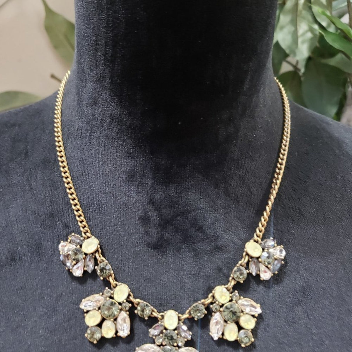J. Crew Gold Tone Smoky Topaz & Iridescent Lime Crystal Statement Necklace