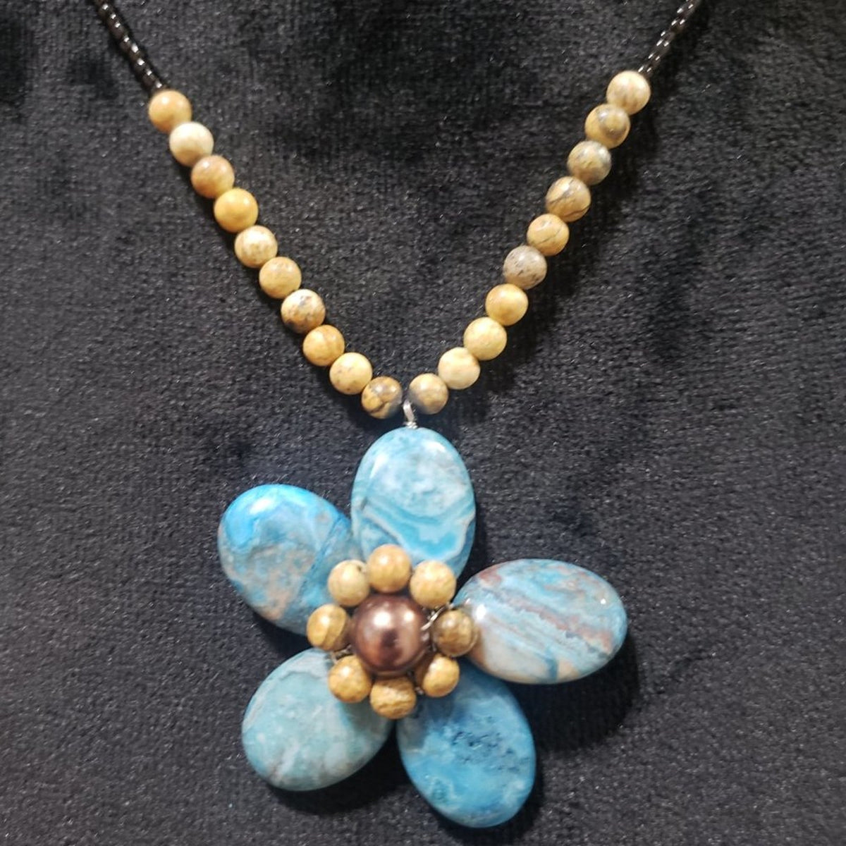 Womens Faux Pearls and Pale Light Blue Big Flower Beaded Pendant Collar Necklace