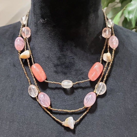 Womens Fashion Triple Strand Beaded Charm Collar Necklace with Lobster Clasp