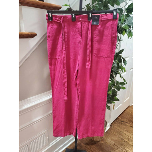 M&S Collection Women Pink 100% Linen Mid Rise Pull On Wide Legs Regular Pants 18
