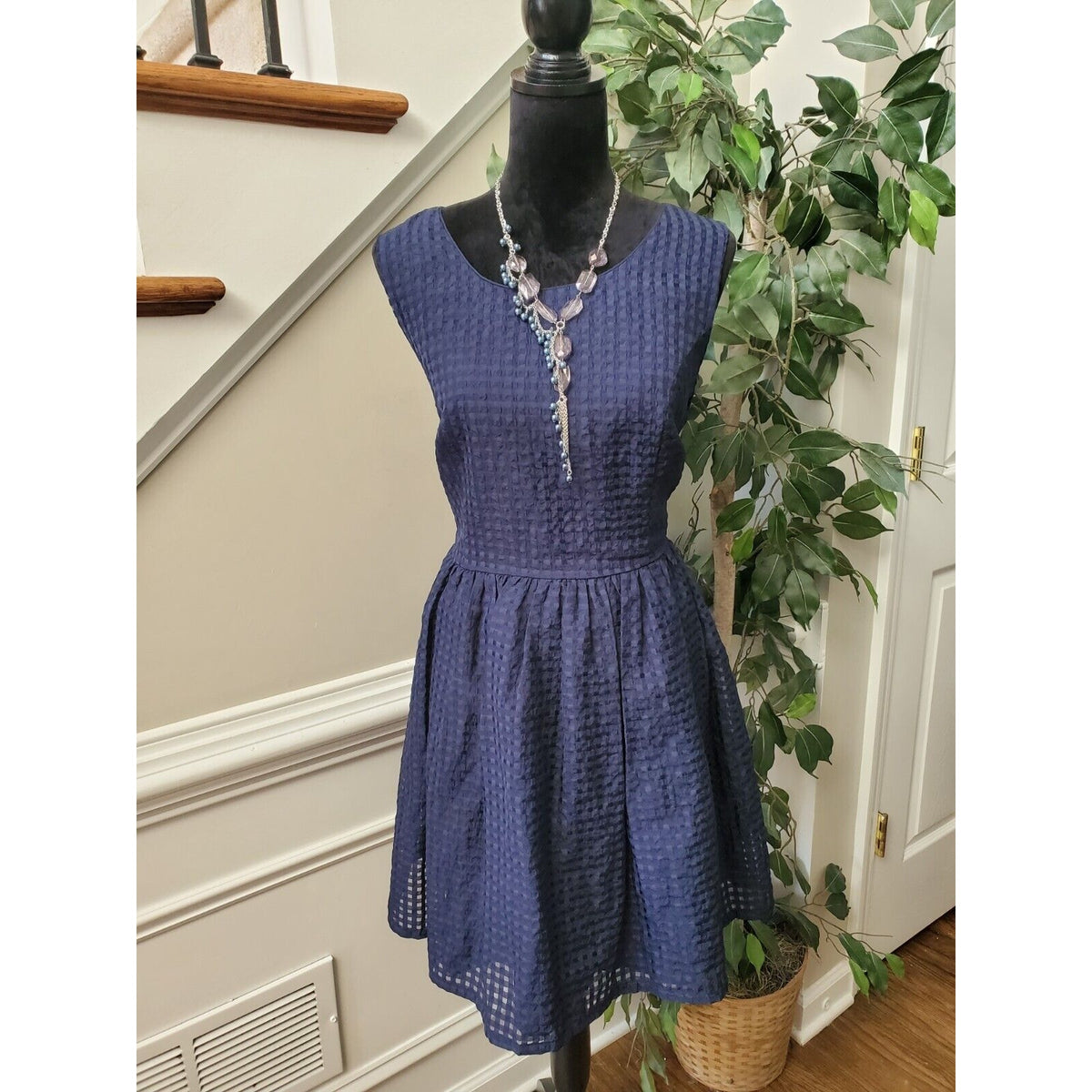 Forever 21 Women Navy Polyester Round Neck Back Zipper Knee Length Dress Size XL