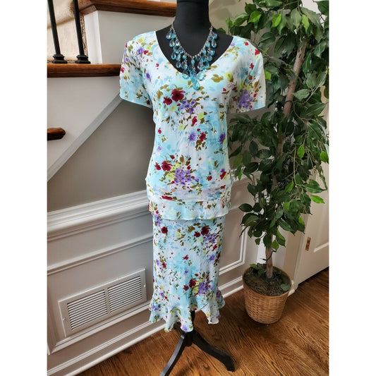 VTG J.B.S Multicolor Floral Polyester Short Sleeve V-Neck Knee Length Dress 18