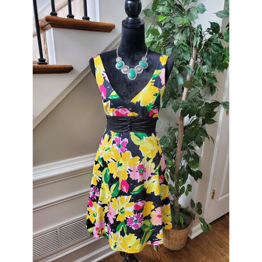 B. Smart Black Floral Tie Waist Cotton Sleeveless Casual Knee Length Dress Small