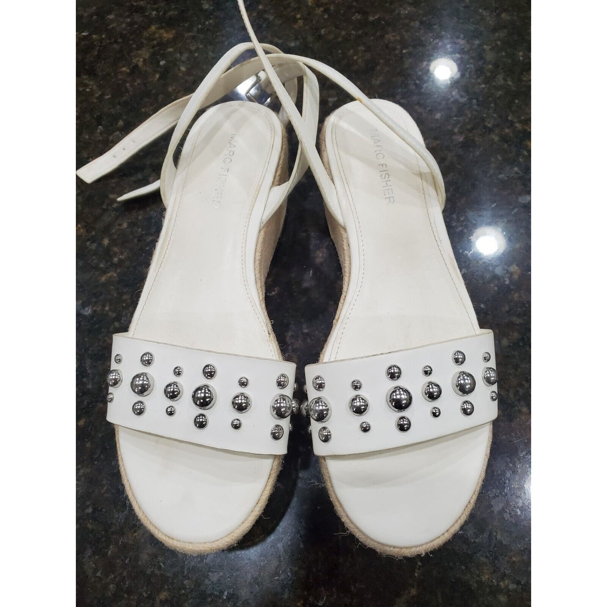 Marc Fisher Joyce Silver Studded Platform Espadrille Sandals White Women Size 7M
