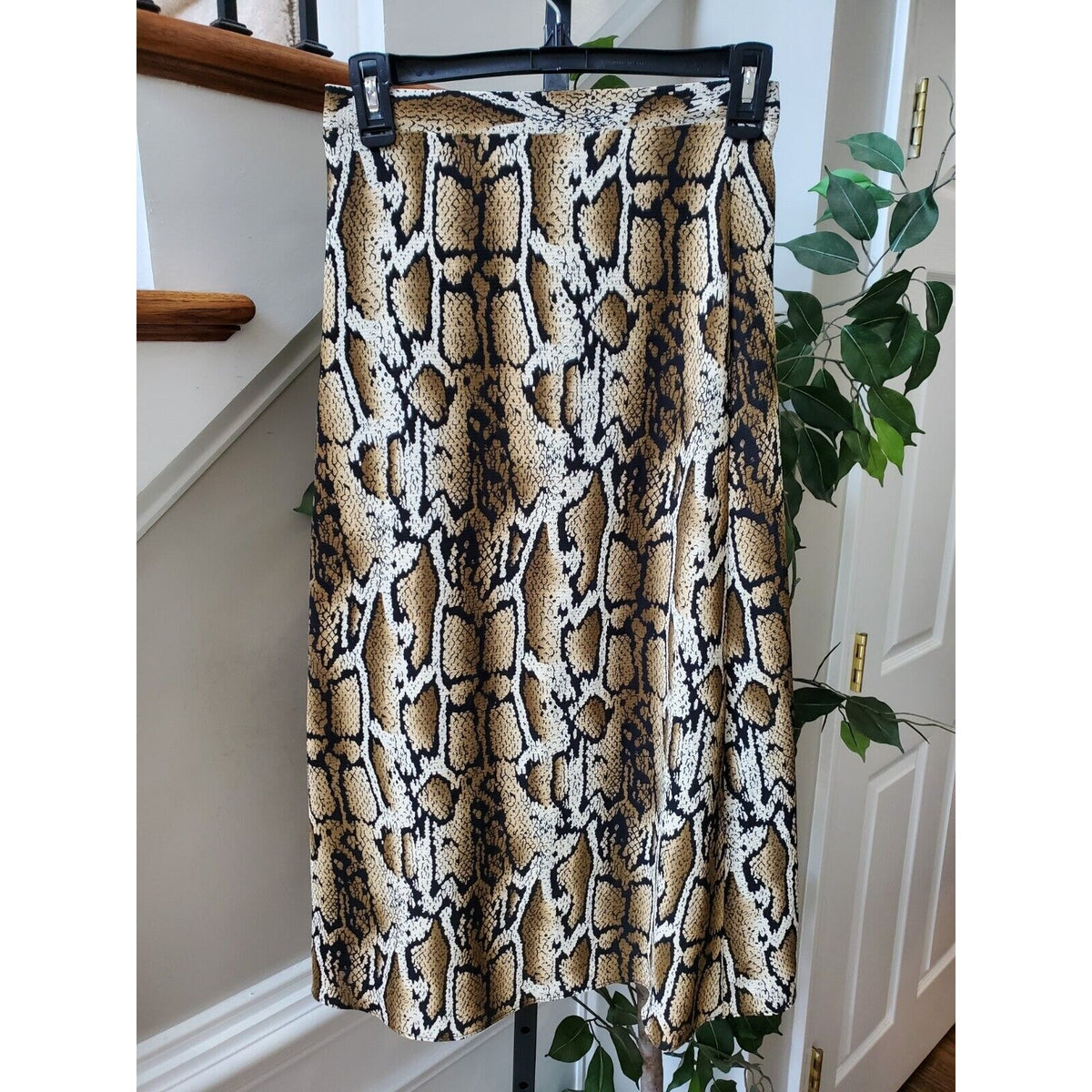 Como Vintage Brown Snakeskin Print Polyester A-Line Drawstring Long Skirt Size S