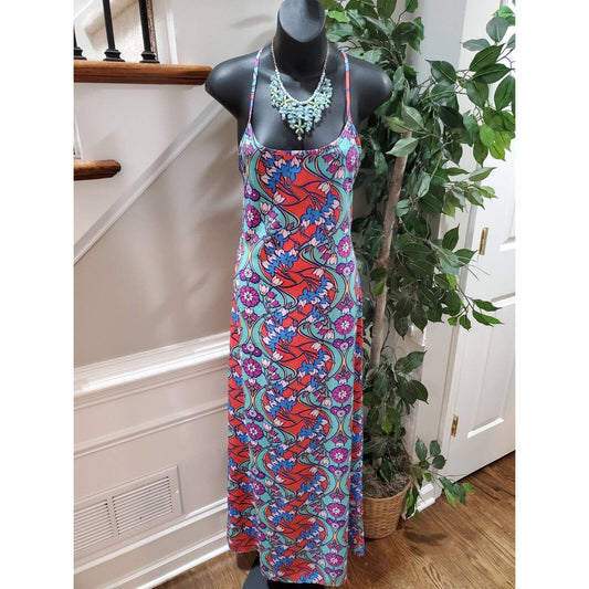 Peach Love Women Blue Floral Polyester Halter Neck Sleeveless Long Maxi Dress S