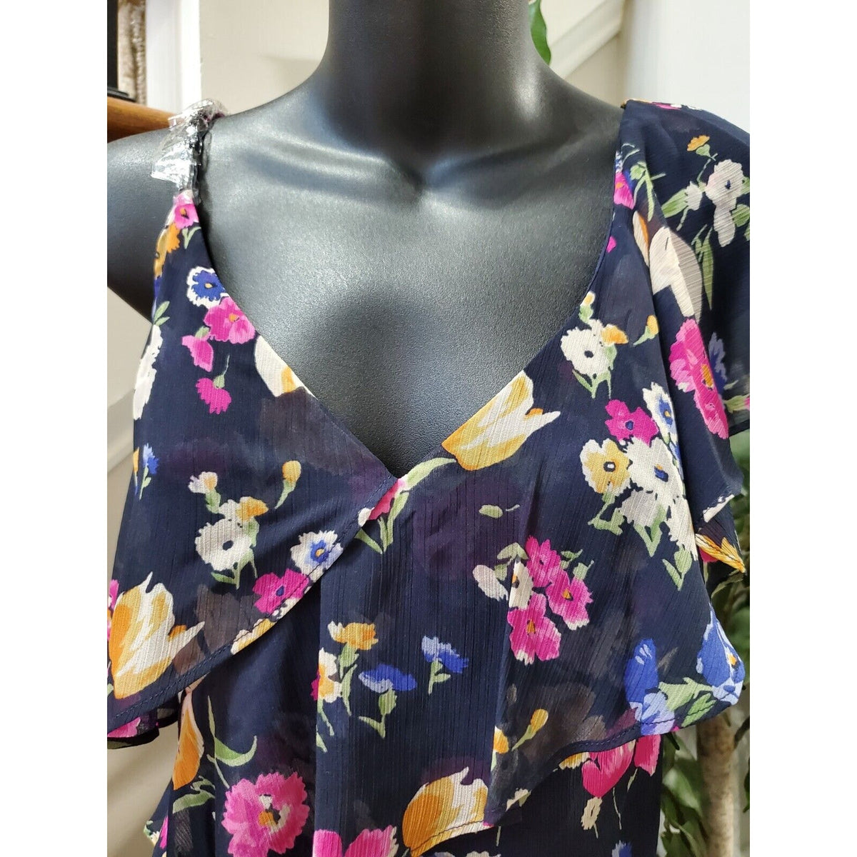 Ralph Lauren Navy Zipper Beaded Lined Darted Tiered Ruffled Floral Maxi Dress 10