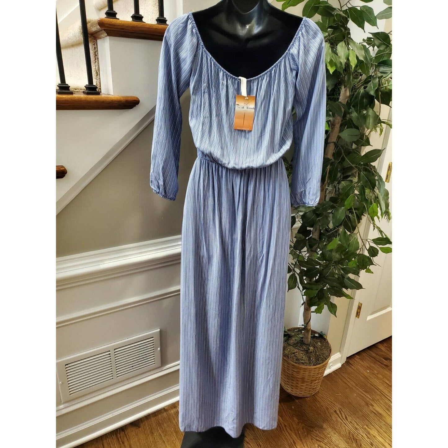 Boutique Lula & Lala Women's Blue Rayon Long Sleeve Scoop Neck Maxi Dress Size M
