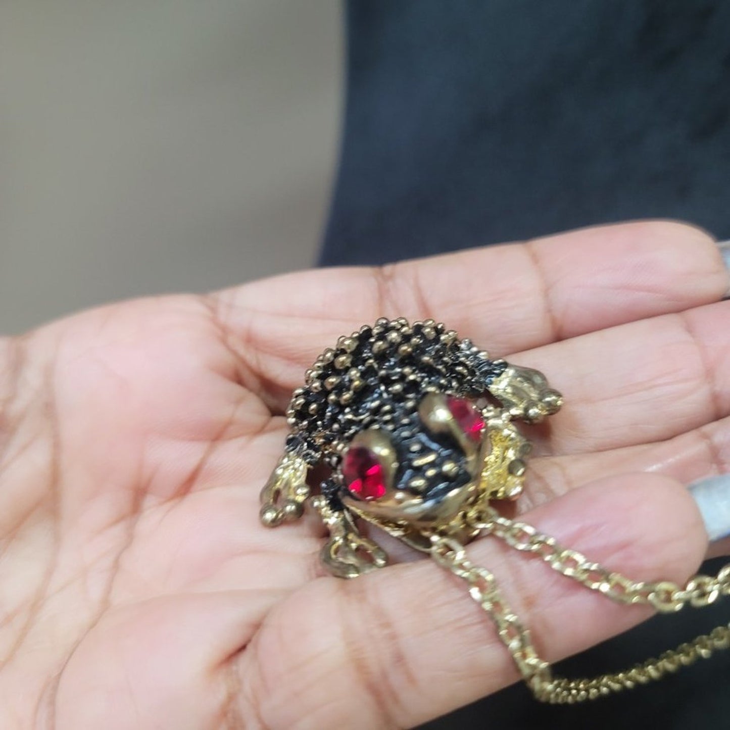Cute Gold Tone Frog with Red Rhinestones Unique design Pendant Necklace
