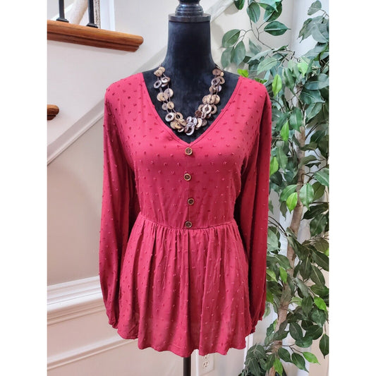 Bloomchic Dark Red Polka Dot Textured Ruffled Blouse Size 12