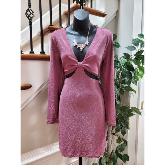 Wild Fable Pink Nylon Cut Out Lurex Long Sleeve Casual Knee Length Dress Large
