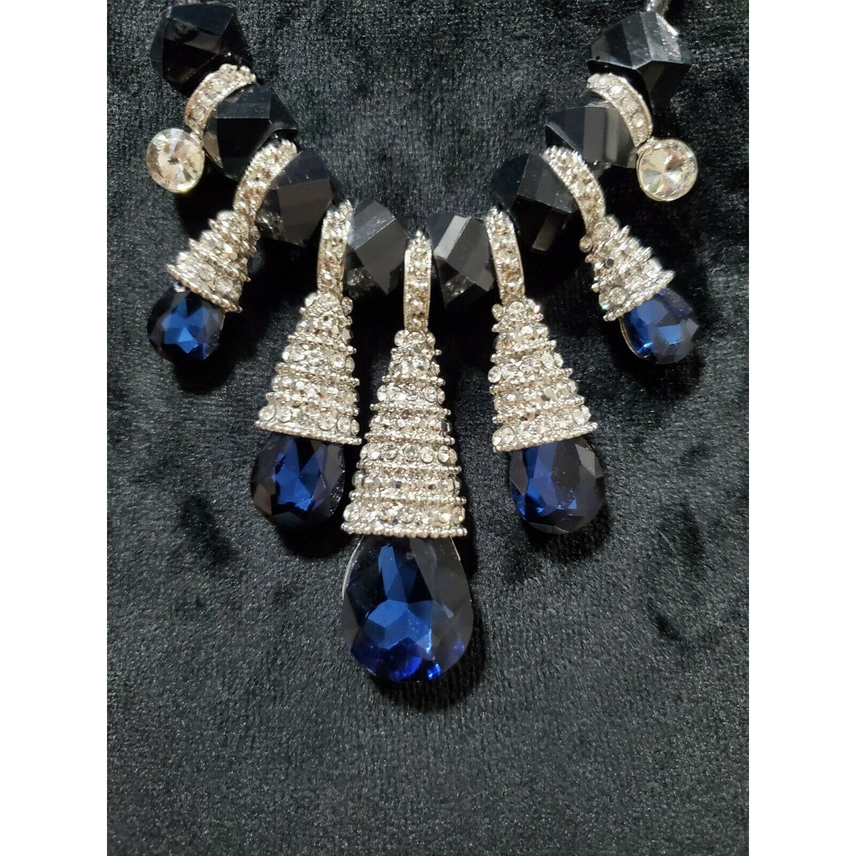 Statement Necklace w/ Sapphire Blue Crystals Black Beads & Rhinestone Accents