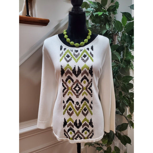 Ruby Rd. Sequin Panel White Rayon Round Neck Long Sleeve Pullover Sweater XL