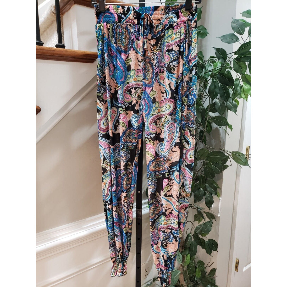 Womens Multi Paisley Pockets Elastic Waist Drawstring Casual Jogger Pants Small