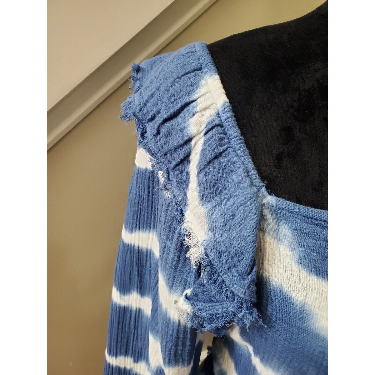 True Craft Women Blue & White Cotton Square Neck Long Sleeve Top Blouse Size XS