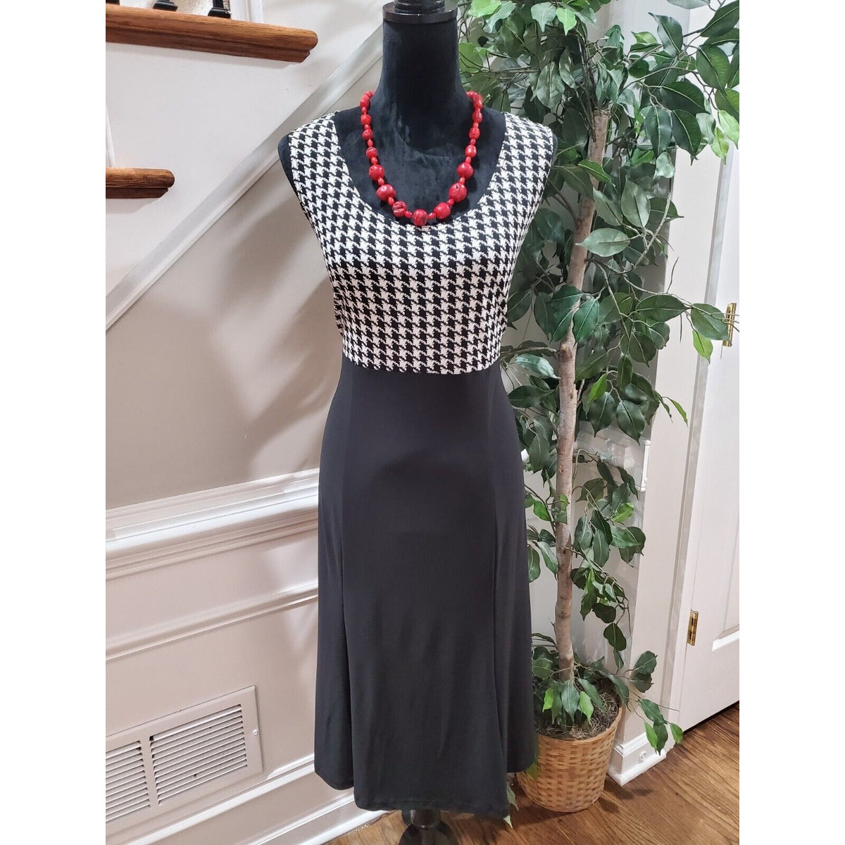K Studio Black White Houndstooth Top Round Neck Sleeveless Knee Length Dress 12