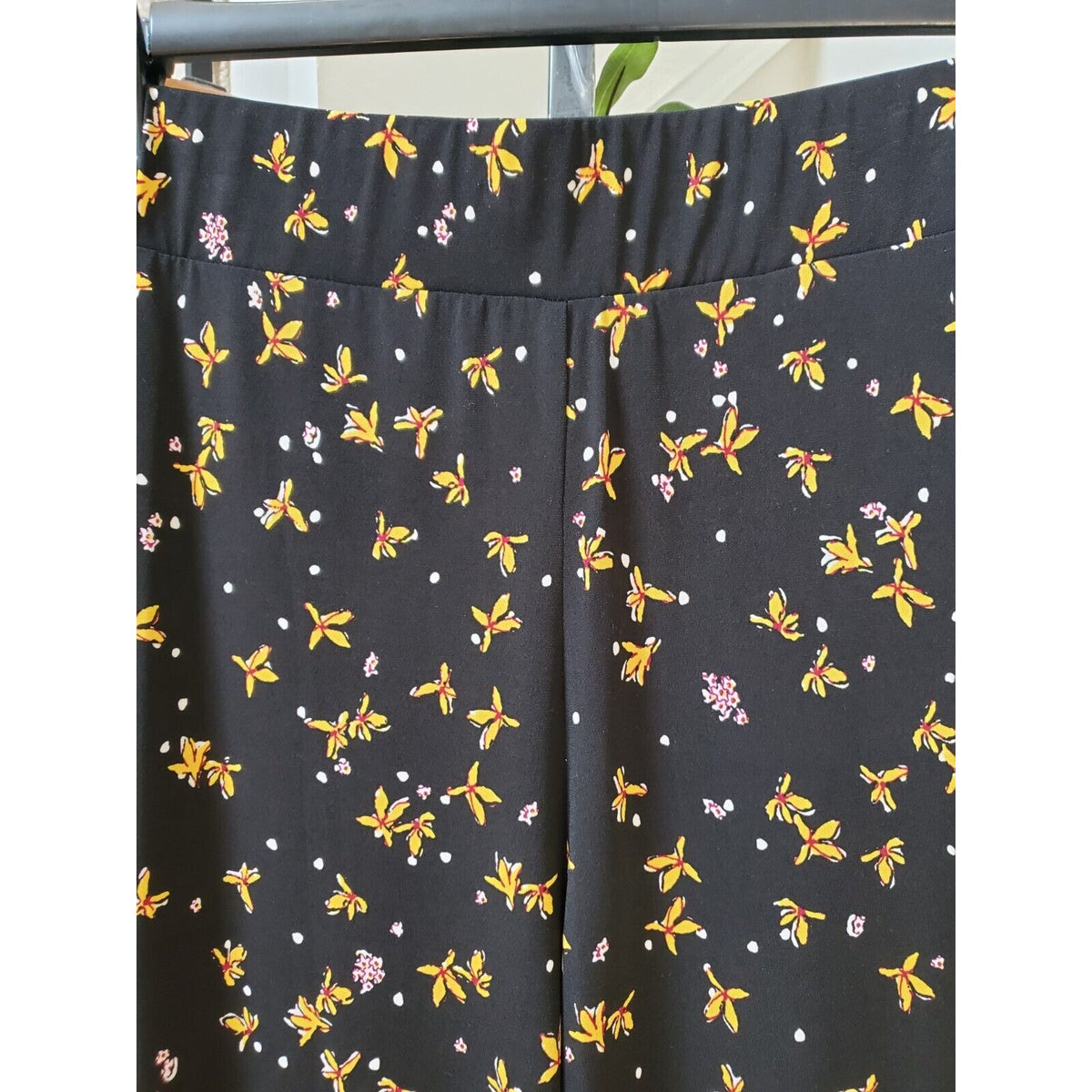 Grace Elements Womens Black Floral Polyester Casual Elastic Waist Pants Large
