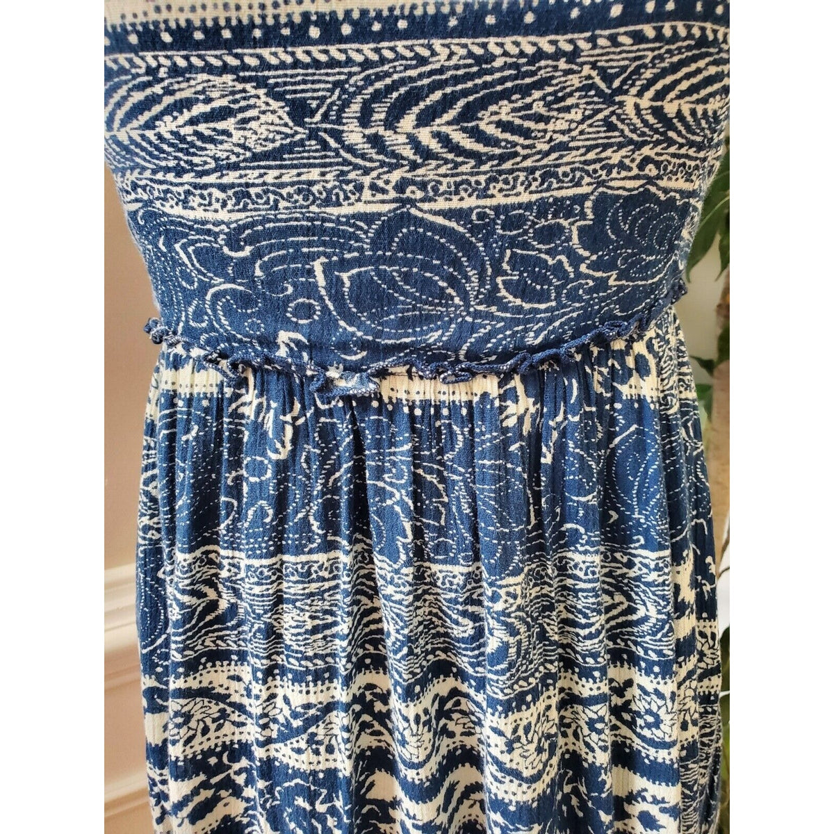 American Eagle Outfitters Women Blue White Cotton Scoop Neck Knee Length Dress L