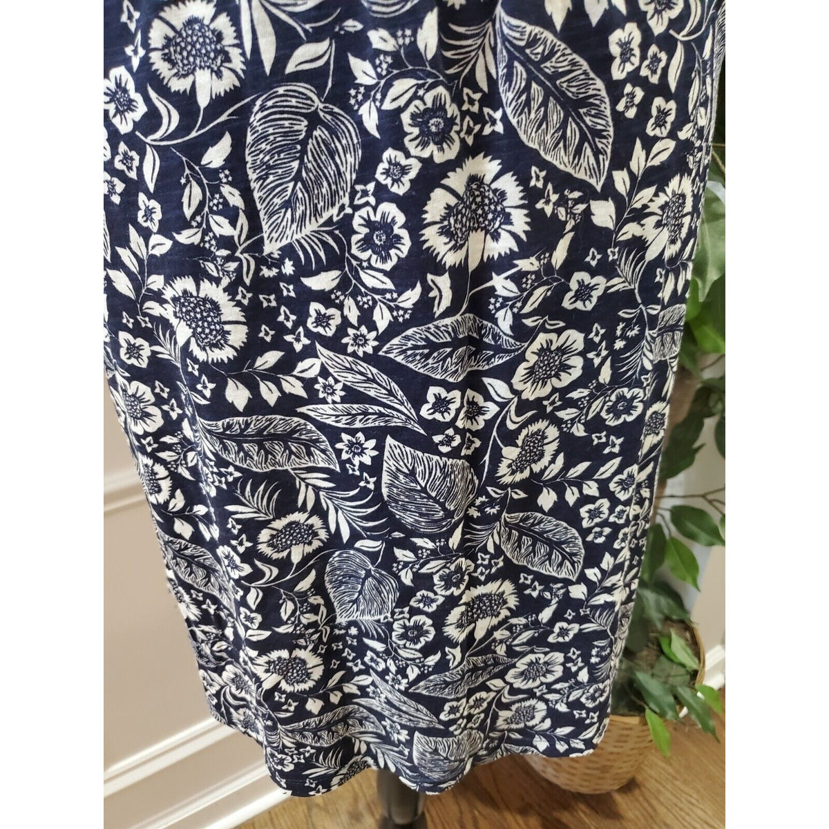 Basic Basique Women Blue Floral Cotton Scoop Neck Sleeveless Knee Length Dress L