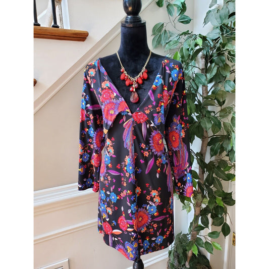 Attitudes Women Black Floral Polyester V-Neck Long Sleeve Top Blouse Size Large