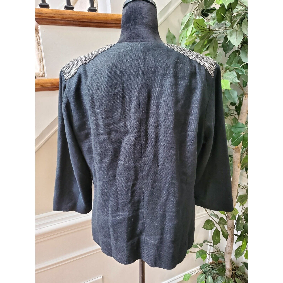 Chico's Women's Black Linen Long Sleeve Casual Hook & Eye Jacket Blazer Size 2 L