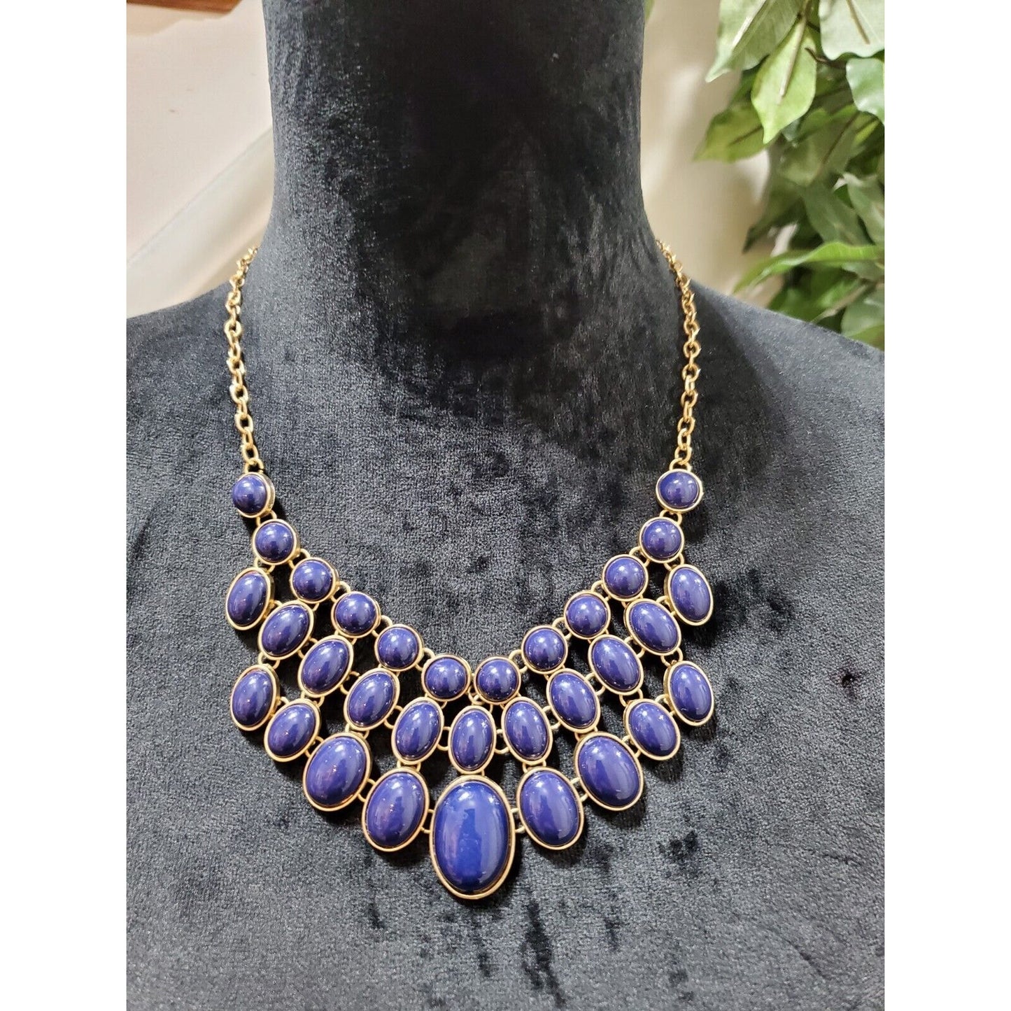 Women's Vintage Blue Rhinestone Gold Chain Statement Necklace