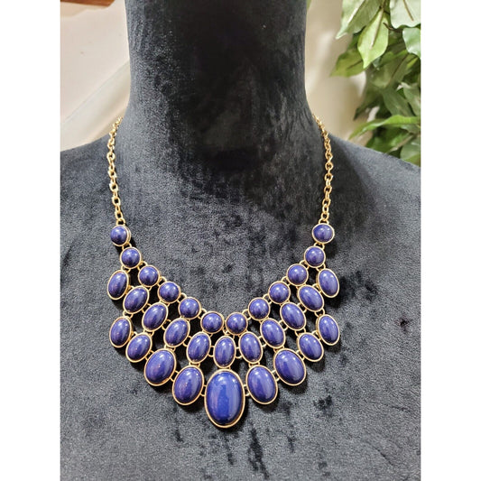 Women's Vintage Blue Rhinestone Gold Chain Statement Necklace