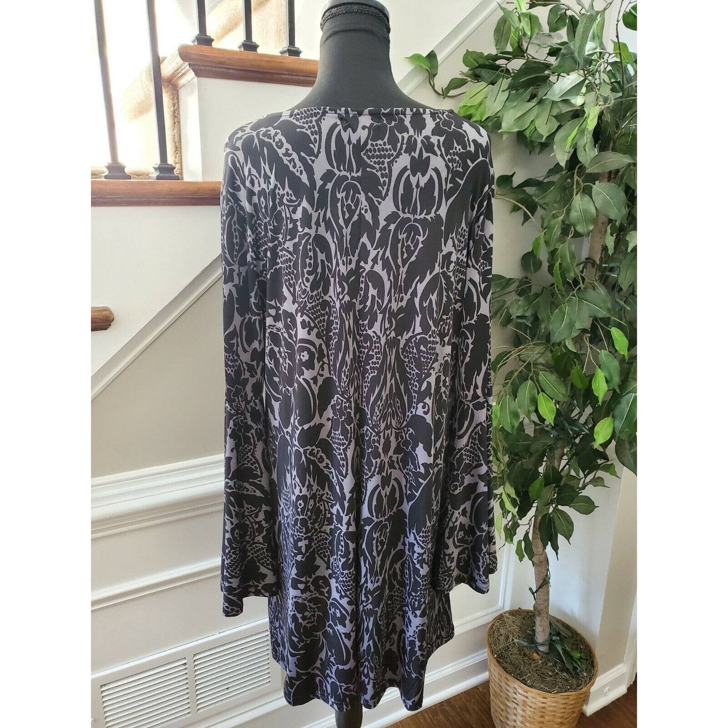 Reeborn Women Black Polyester Scoop Neck Long Sleeve Knee Length Dress Size 1XL