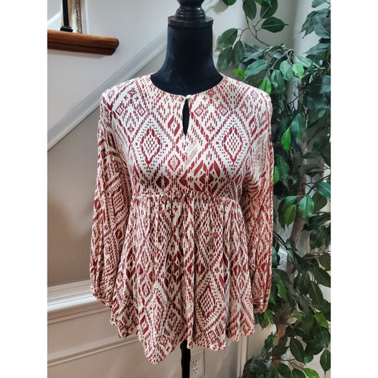 Serene Bohemian Flowy White & Maroon Round Neck Long Sleeve Top Blouse Size S