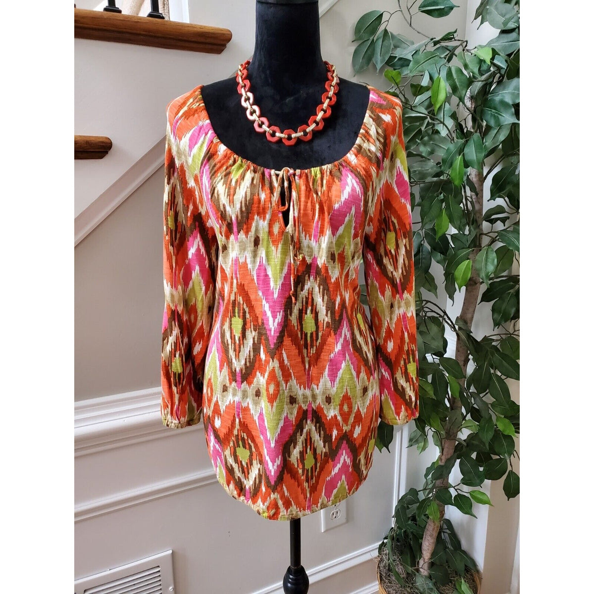 Jones New York Women Multicolor Viscose Scoop Neck Long Sleeve Top Blouse Size M