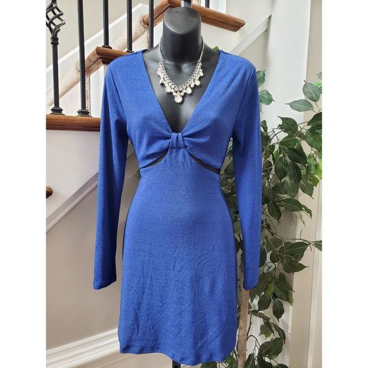 Wild Fable Women's Blue Nylon V-Neck Long Casual Sleeve Knee Length Dress Medium