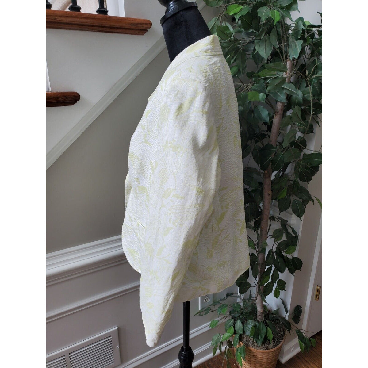 Style & Co Women White Floral Linen Long Sleeve Single Breasted Blazer Jacket 14