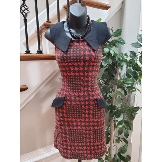 Aryeh Women's Red Black Houndstooth Crew Neck Sleeveless Knee Length Dress Small