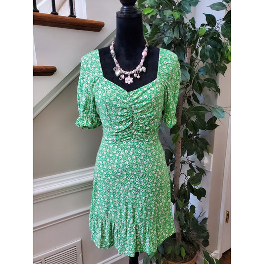 No Boundaries Womens Green White Floral 100% Rayon V Neck Sheath Dress Small