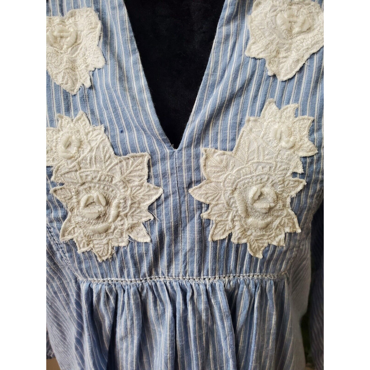 L.O.G.G Women's Blue Striped 100% Cotton V-Neck Long Sleeve Casual Top Blouse 2