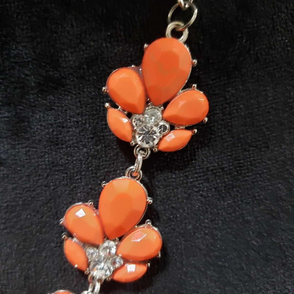 Coral Gem Stone Celluloid Flowers Clear Faceted Crystals Statement Necklace