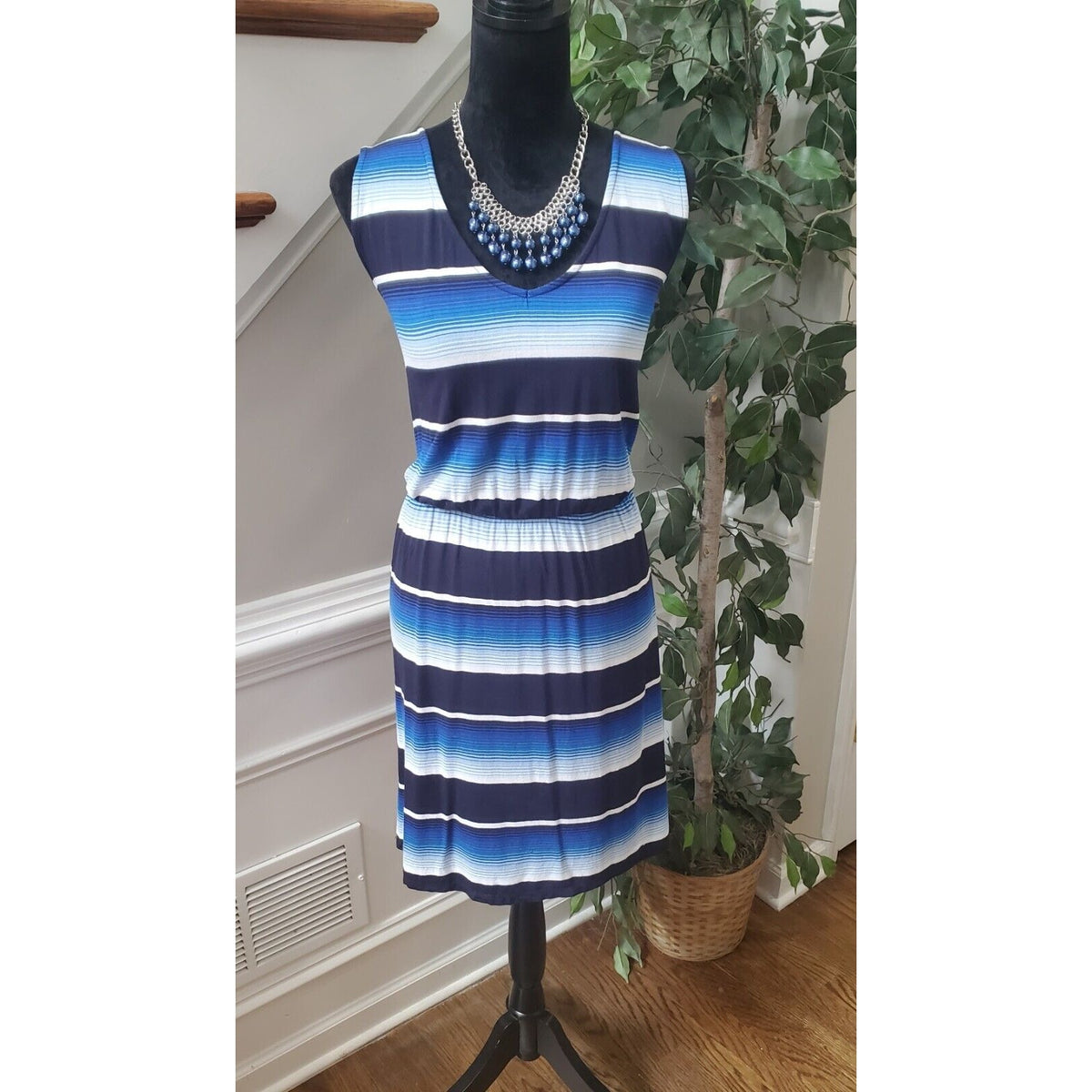 Merona Women's Blue Multicolor Rayon Scoop Neck Sleeveless Knee Length Dress XL