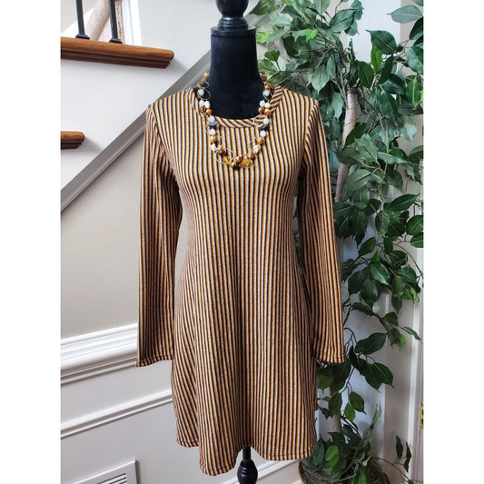Pinc Women's Brown & Black Polyester Round Neck Long Sleeve Knee Length Dress L