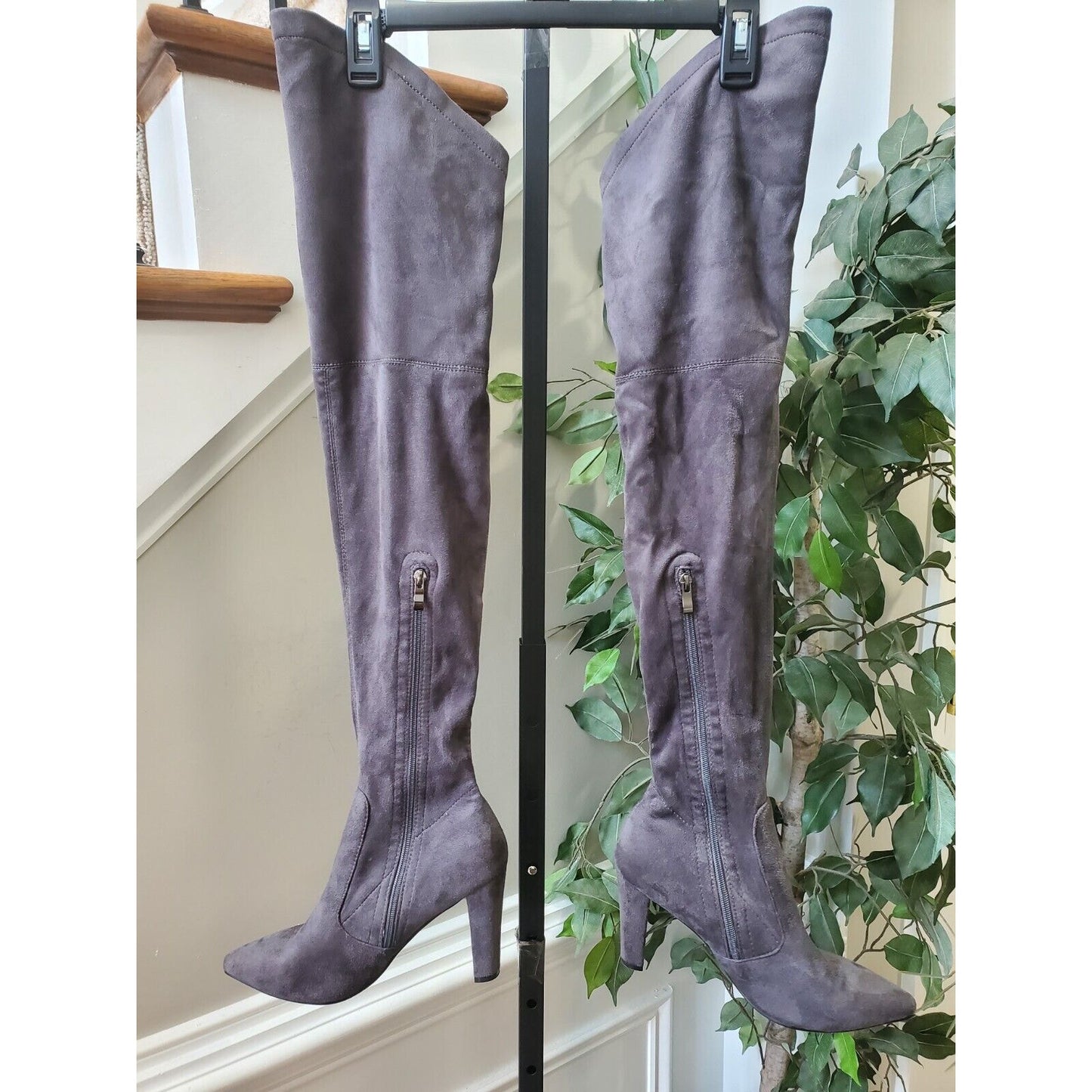 Gray Women's Suede Leather Pointed Toe Block Heel Knee High Boots Size 41 (9.5)