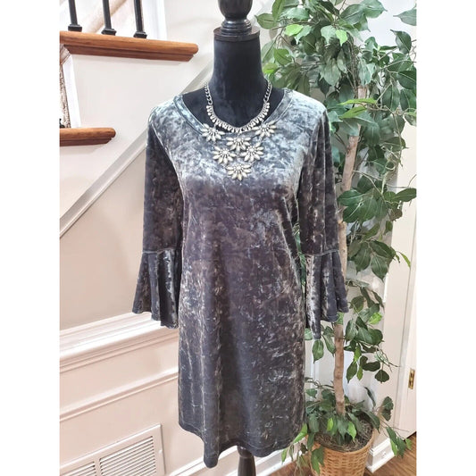 Nally & Millie Women Gray Polyester Round Neck Long Sleeve Knee Length Dress S/M