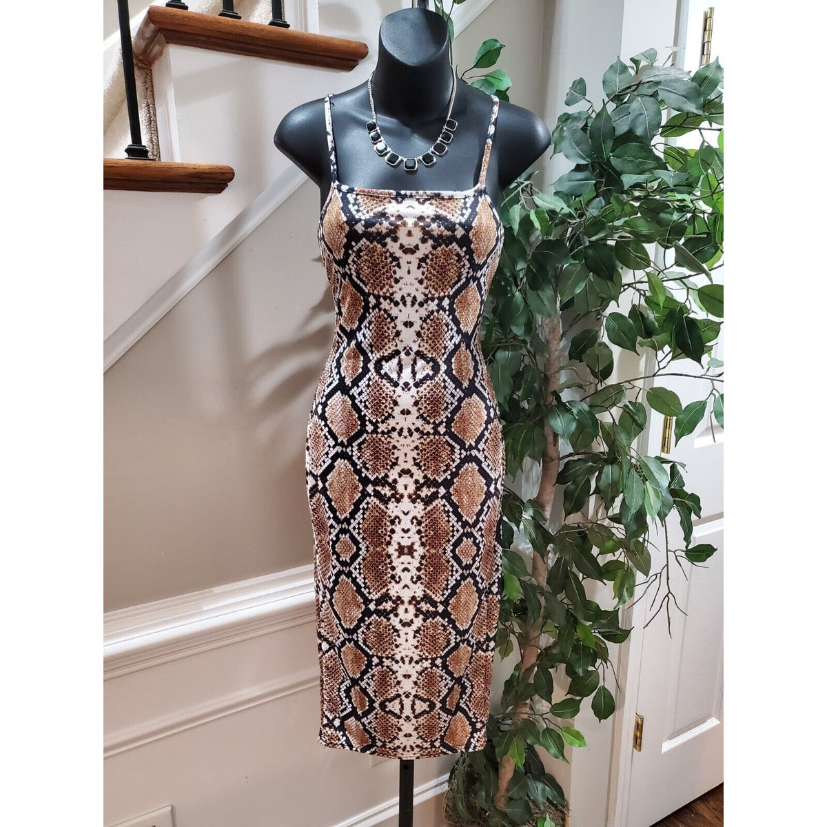 Pretty Little Thing Beige Snake Skin Square Neck Sleeveless Strappy Midi Dress 4