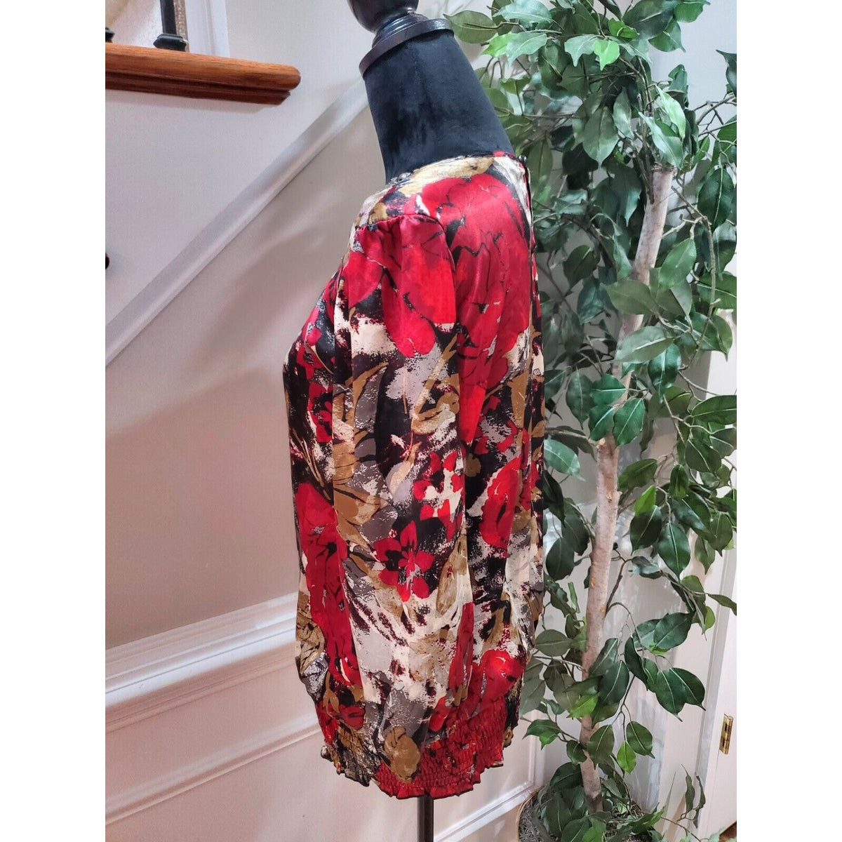 Cato Women Red Floral Polyester Round Neck Long Sleeve Casual Top Blouse Small