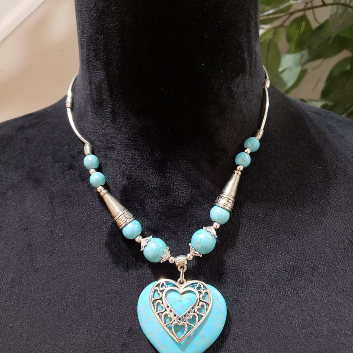 Womens Turquoise Love Heart Ethnic Style Statement Pendant Necklace with Lobster