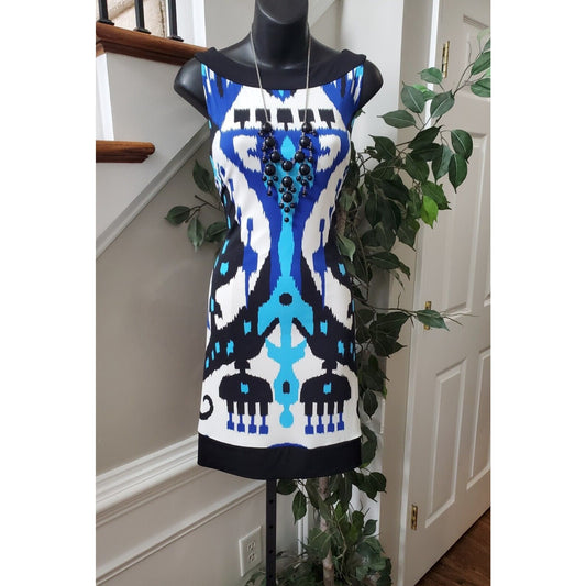 Maggy London Blue Multicolor Round Neck Sleeveless Knee Length Dress Size 8