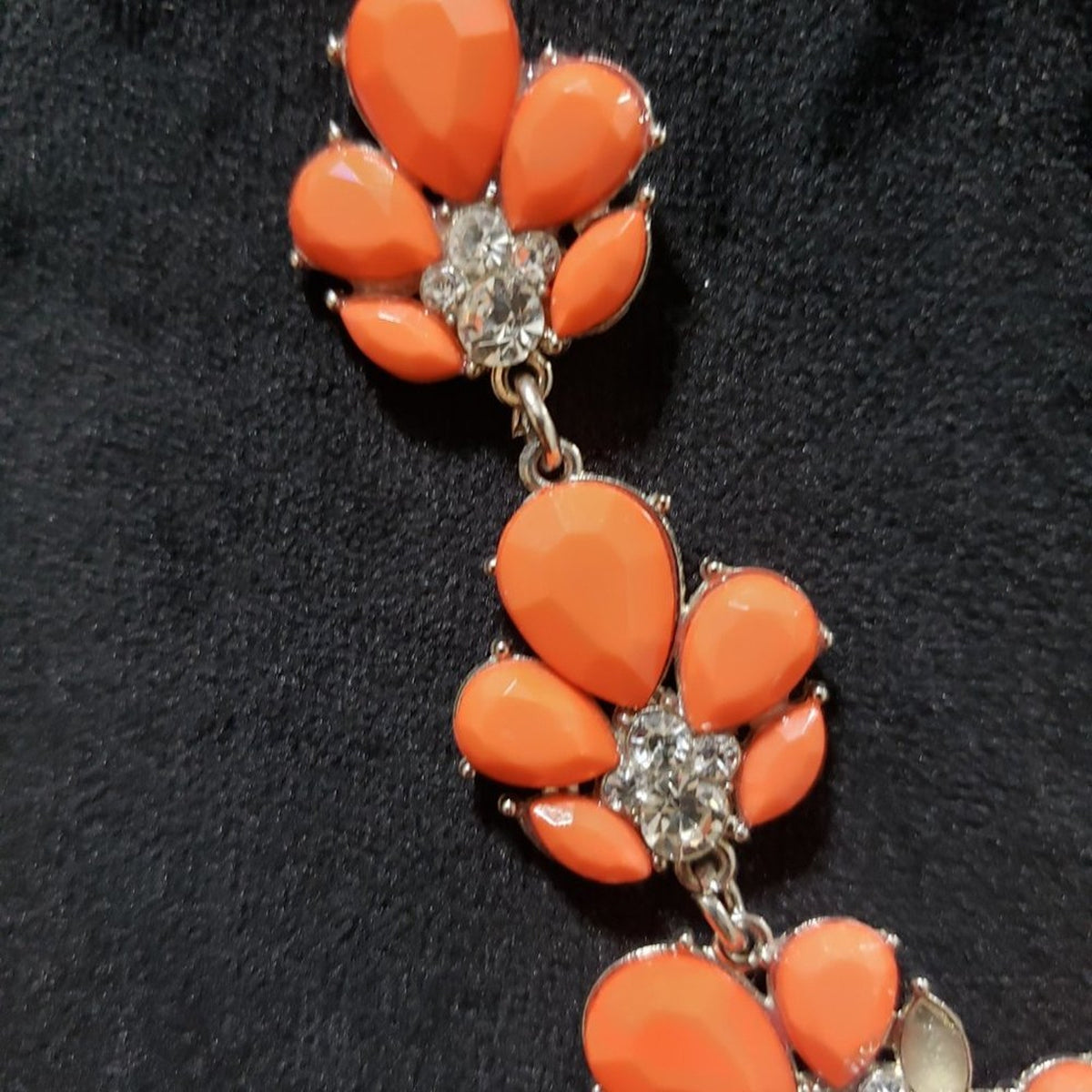 Coral Gem Stone Celluloid Flowers Clear Faceted Crystals Statement Necklace