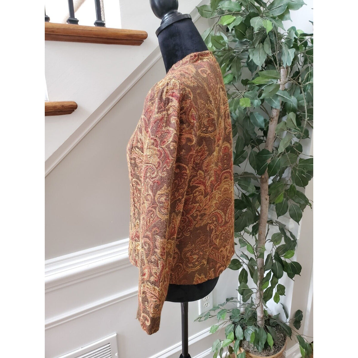 Sag Harbor Womens Brown Paisley Tapestry Button Front Jacket Blazer Size 10P