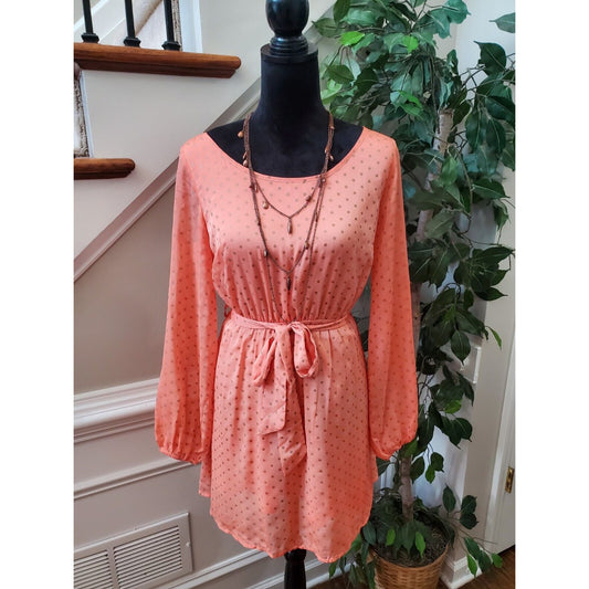 Umgee Women Orange Cotton Round Neck Long Sleeve Casual Knee Length Dress Size M