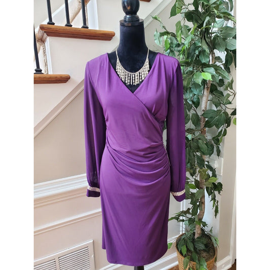 Glamour Women's Purple Solid Polyester V-Neck Long Sleeve Knee Length Dress 12