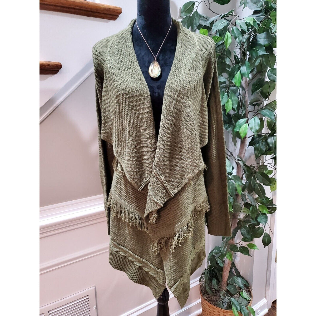 Signature 1 Studio Women Olive Green Acrylic Long Sleeve Open Front Cardigan 1X